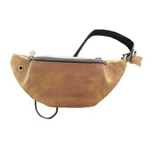 New Large Faux Leather Cognac Color Fanny Pack with Multiple Zipper Pockets